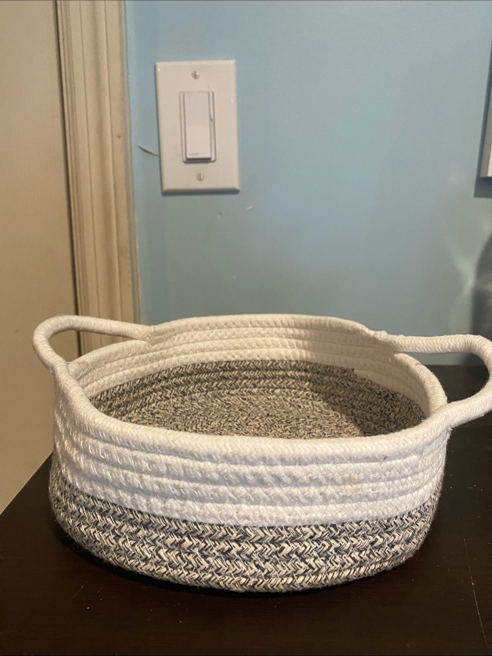 Small woven rope gift basket with handles 8 inches circumference 3 inches deep